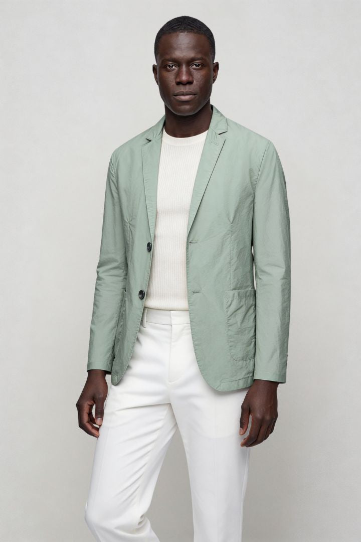 Mens lightweight sage green blazer jacket front view Lavencio
