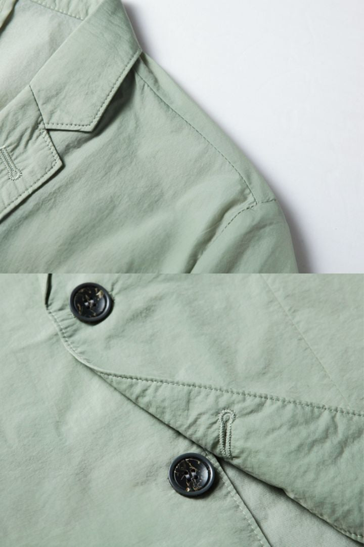 Mens lightweight sage green blazer jacket details view