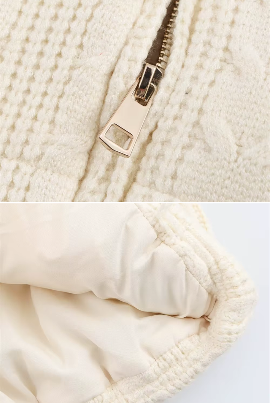 Close-up of a cream-colored vest with a zipper on a light gray background