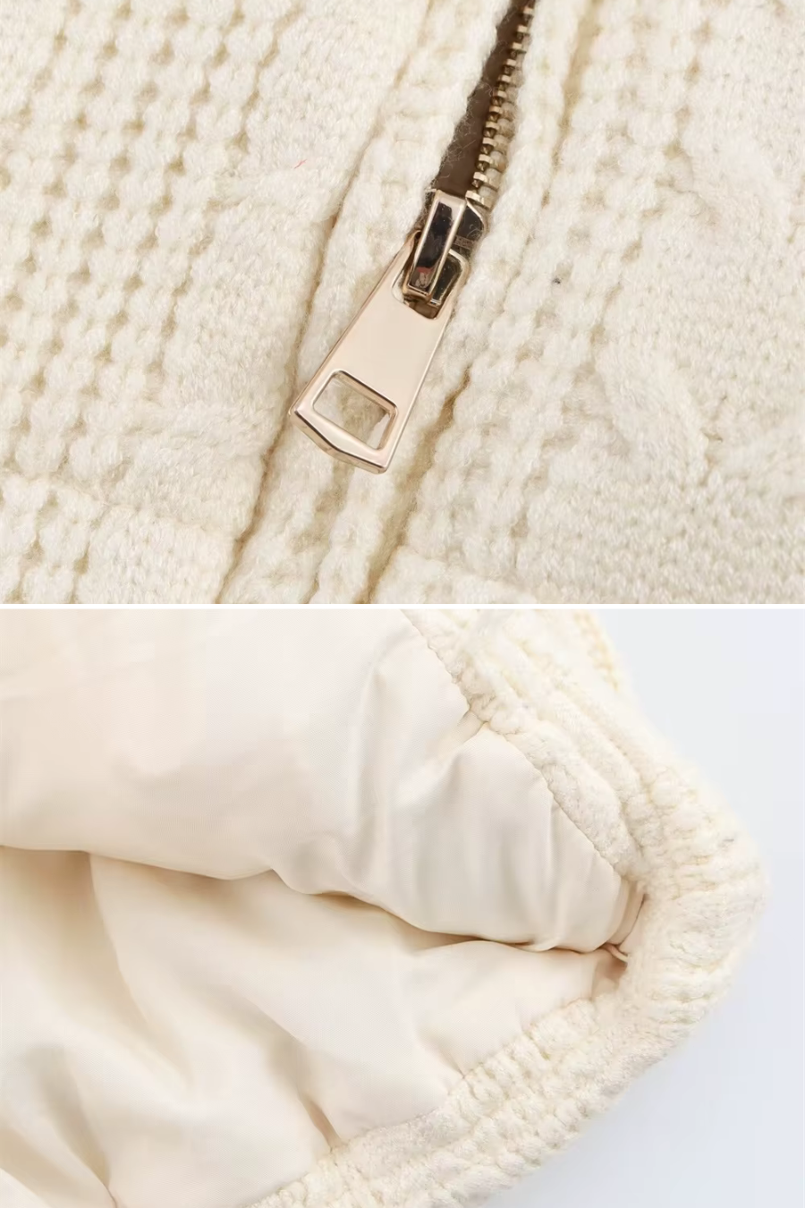 Close-up of a cream-colored vest with a zipper on a light gray background