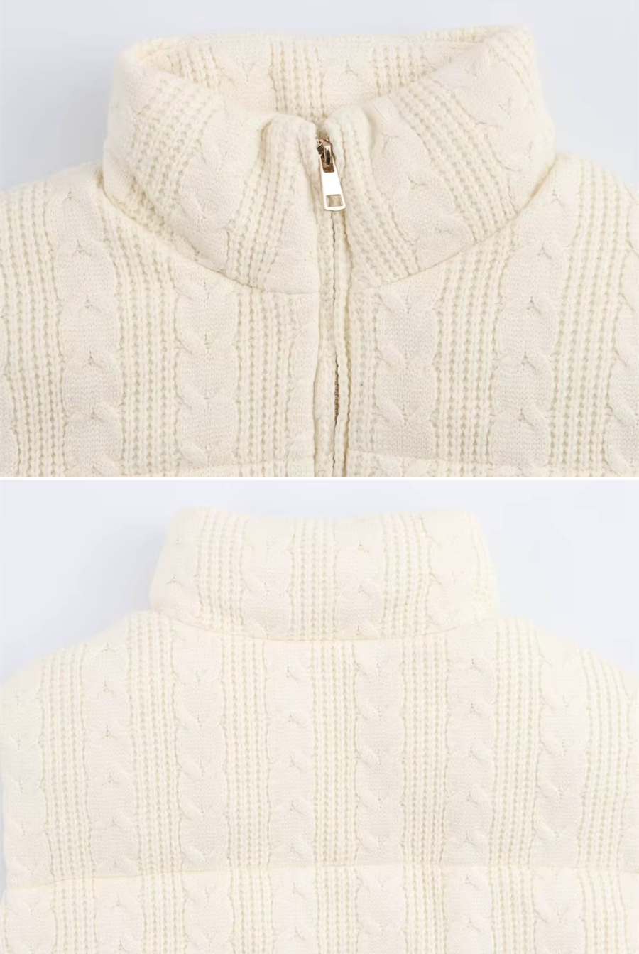 Close-up of a cream-colored cable knit vest with a zipper on a light gray background.