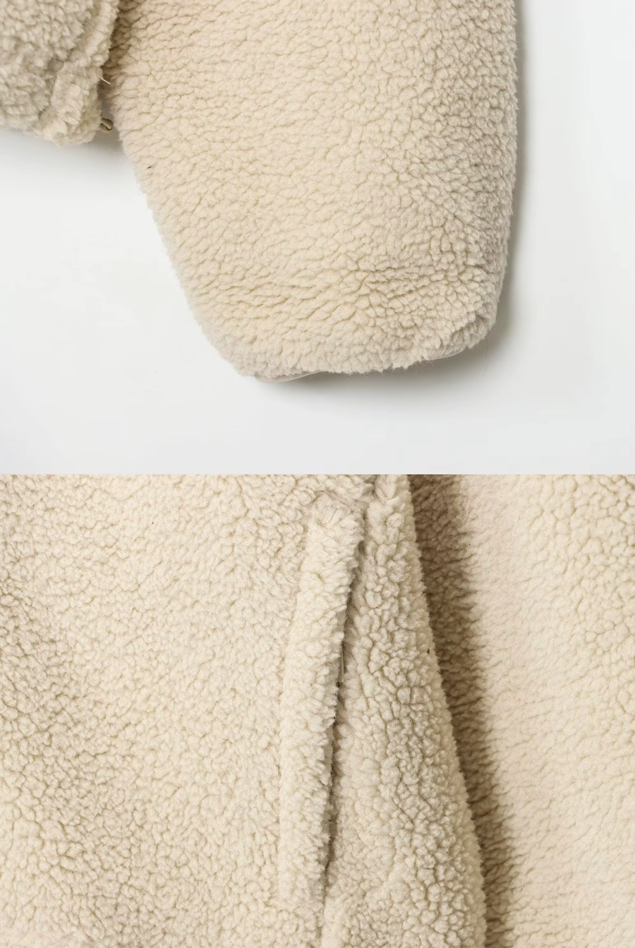 Close-up of cream teddy fleece sleeve and side pocket