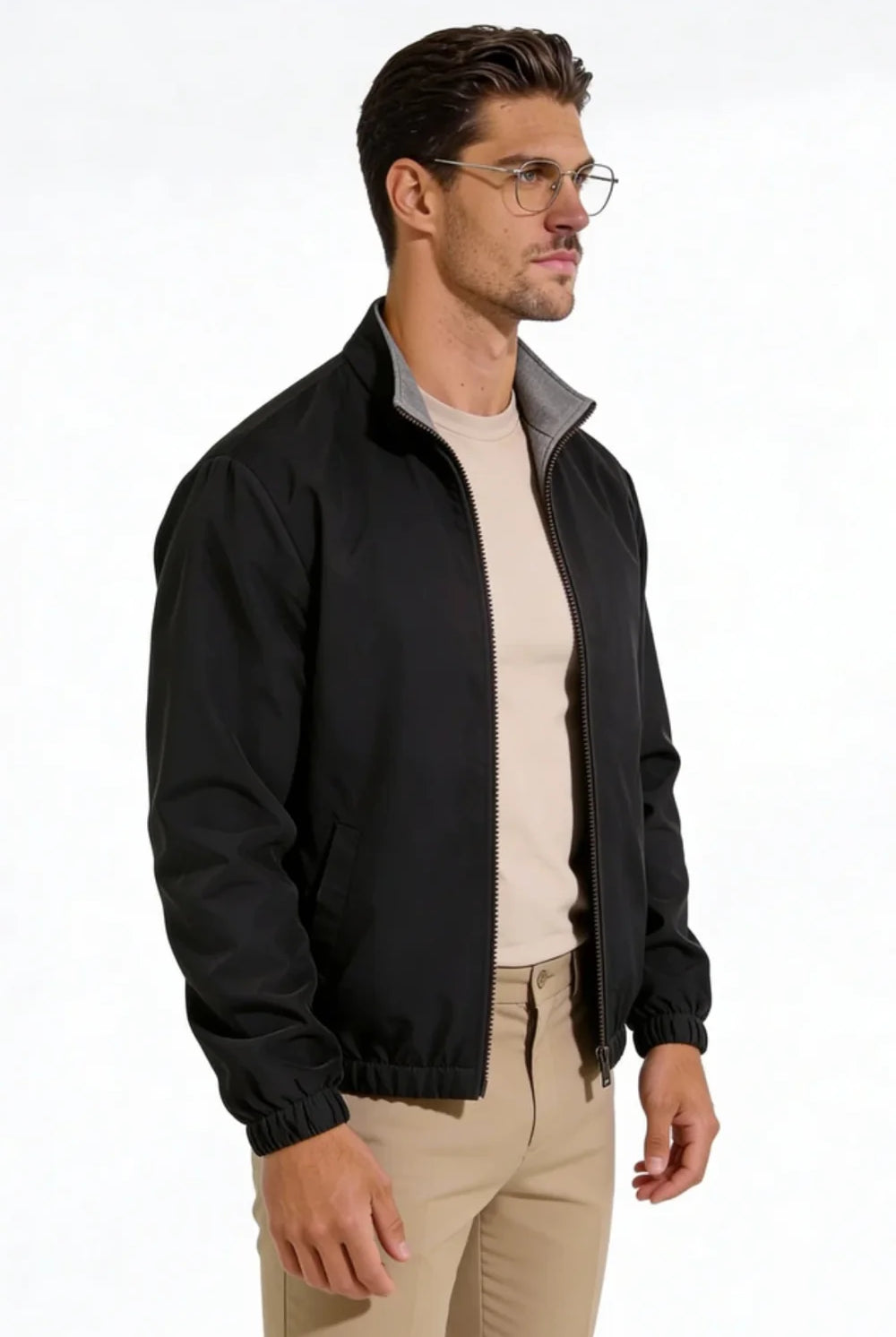 Men wearing a premium reversible lightweight jacket with a clean, tailored fit, designed for versatile everyday layering.