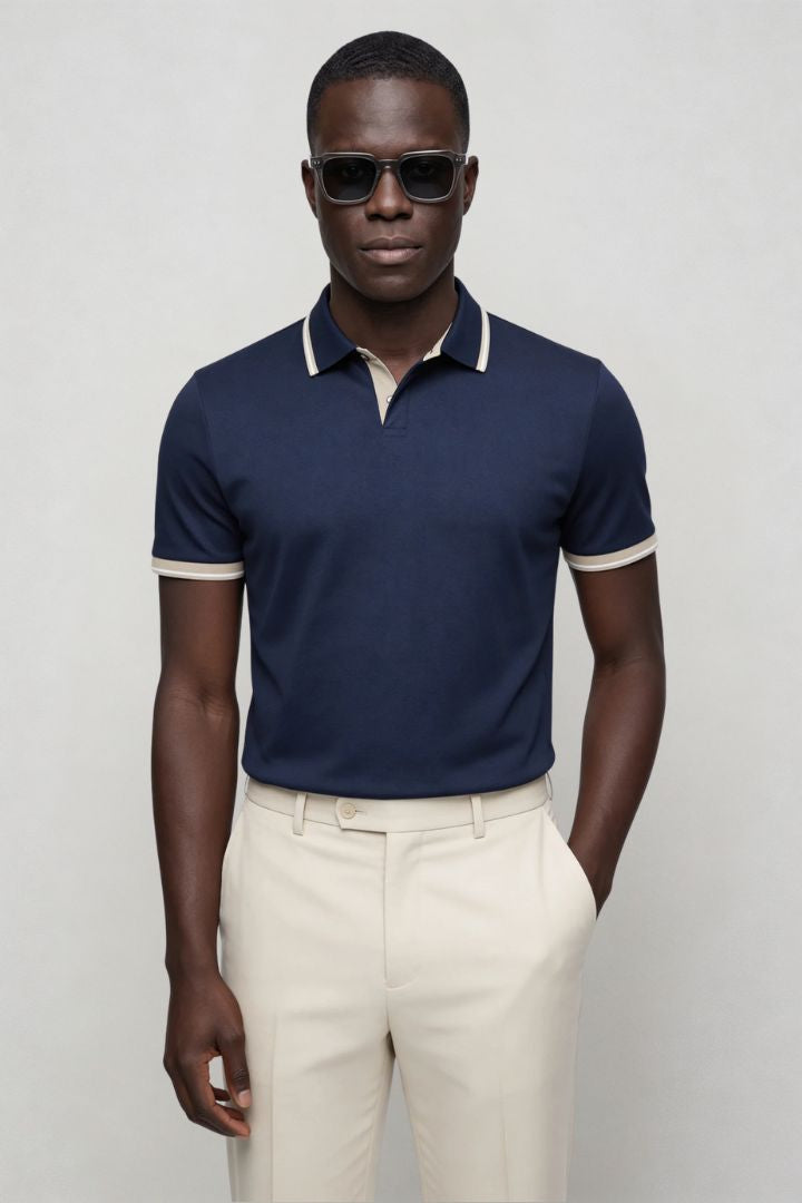 Men’s tailored summer polo shirt with contrast collar and breathable stretch fabric for modern casual style in navy