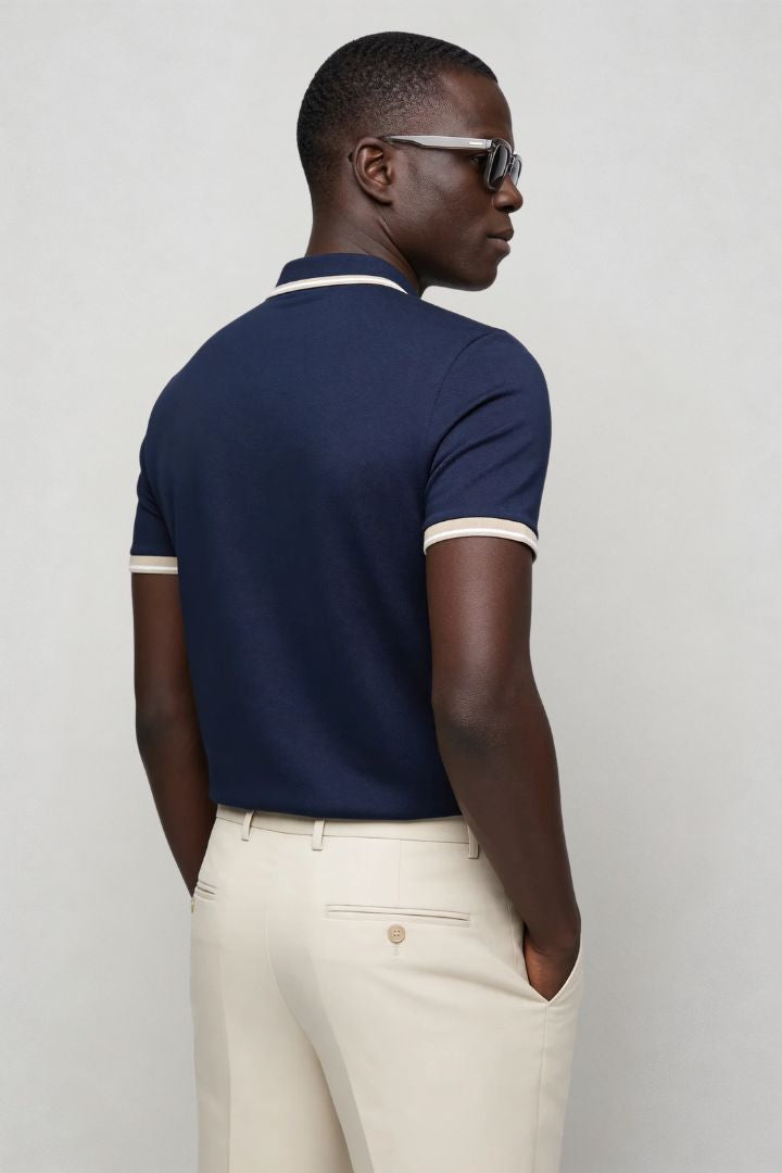 Men’s tailored summer polo shirt with contrast collar and breathable stretch fabric for modern casual style back view