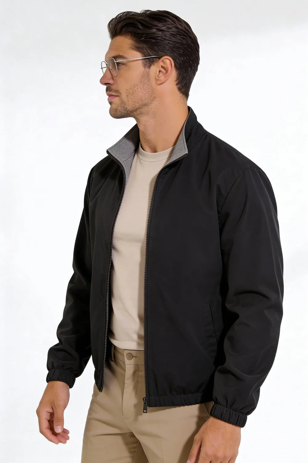 Men wearing a premium reversible lightweight jacket with a clean, tailored fit, designed for versatile everyday layering.