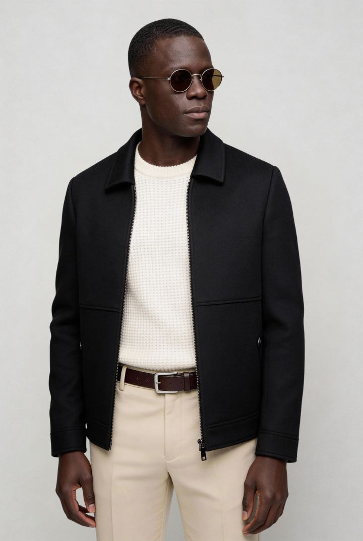 Mens black wool blend zip jacket front view shot