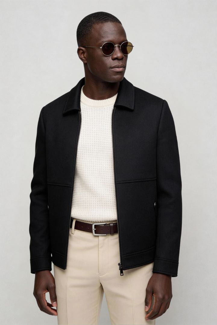 Mens black wool blend zip jacket front view shot