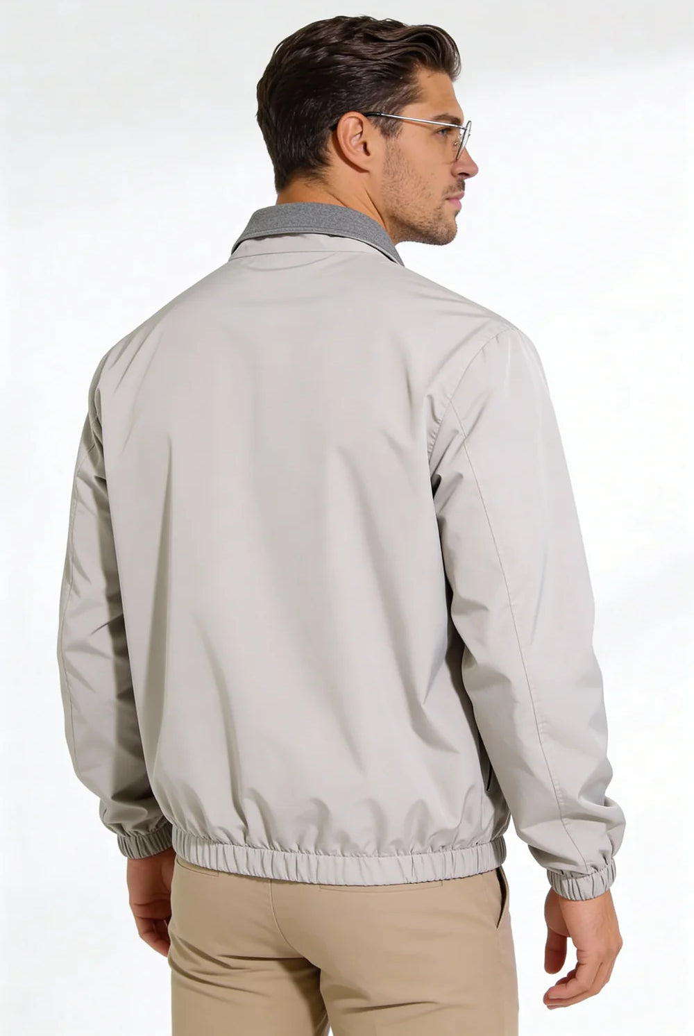 Men wearing a premium reversible gray lightweight jacket with a clean, tailored fit, designed for versatile everyday layering.