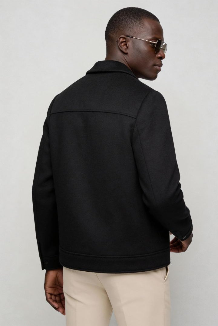 Mens black wool blend zip jacket back view