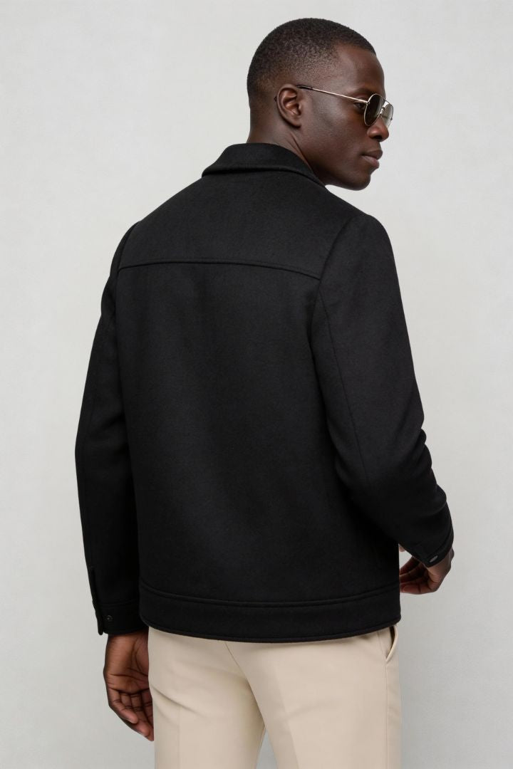 Mens black wool blend zip jacket back view