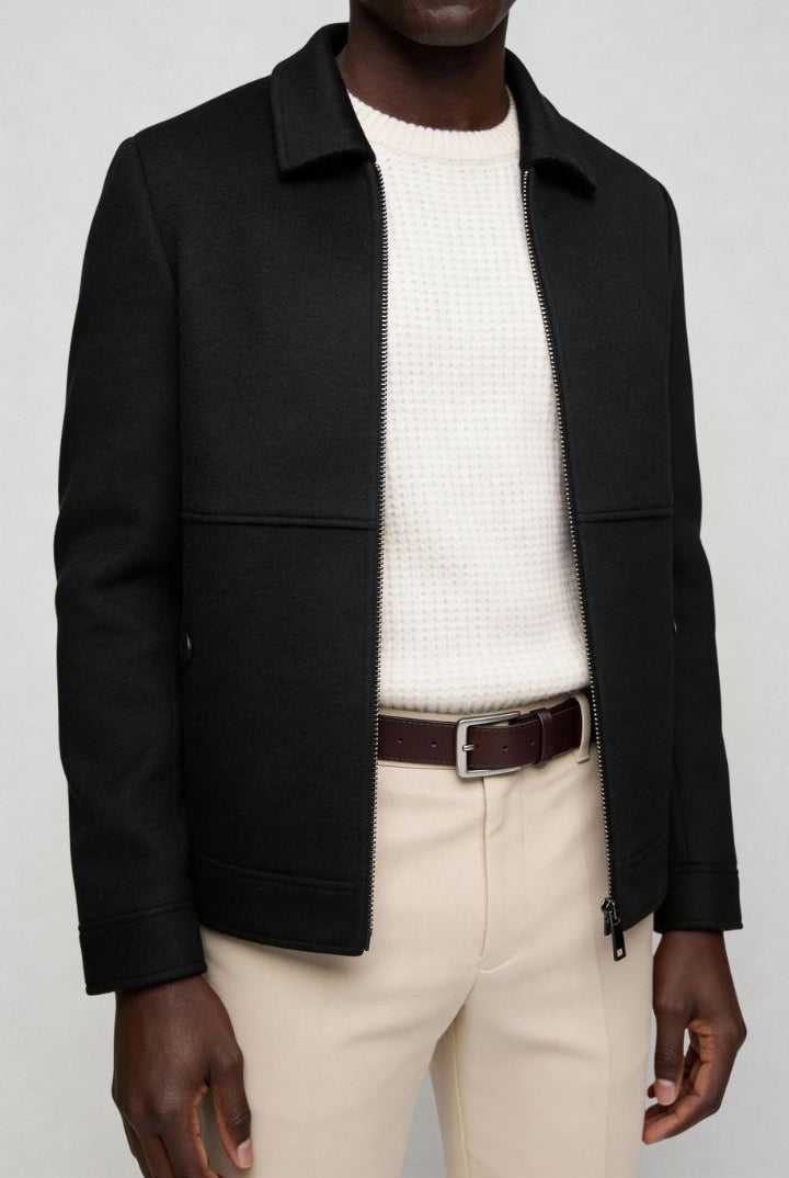 Mens black wool blend zip jacket front view close-up