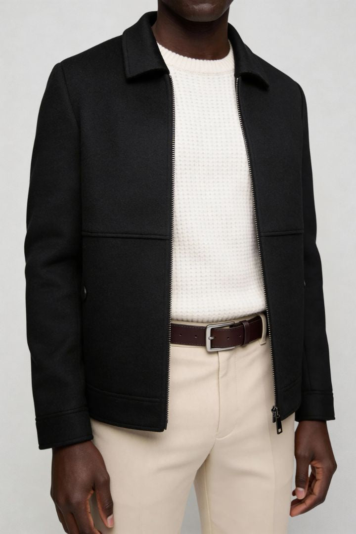 Mens black wool blend zip jacket front view close-up