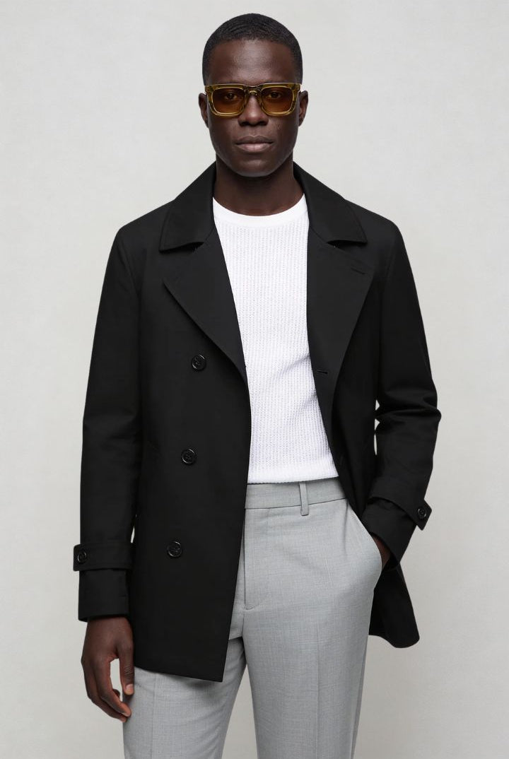 Men’s black double breasted trench coat front view