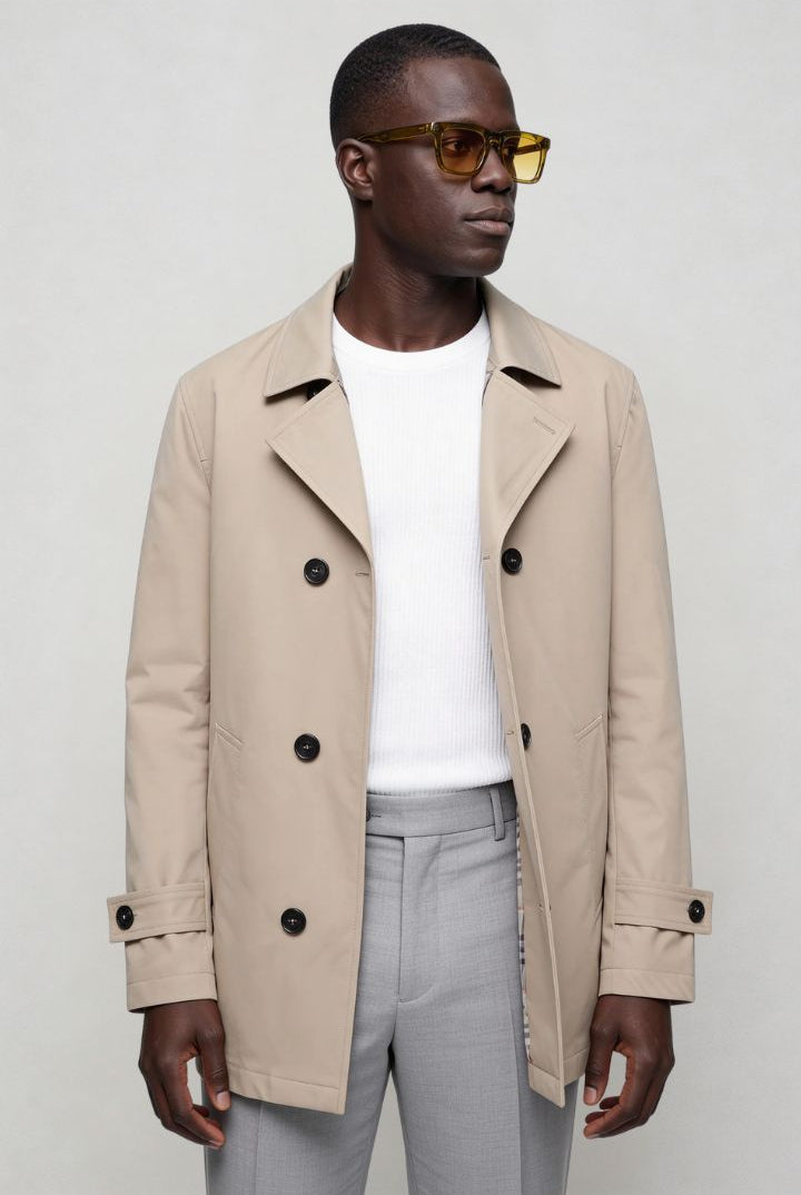 Man wearing a double-breasted beige trench coat with black buttons side pose