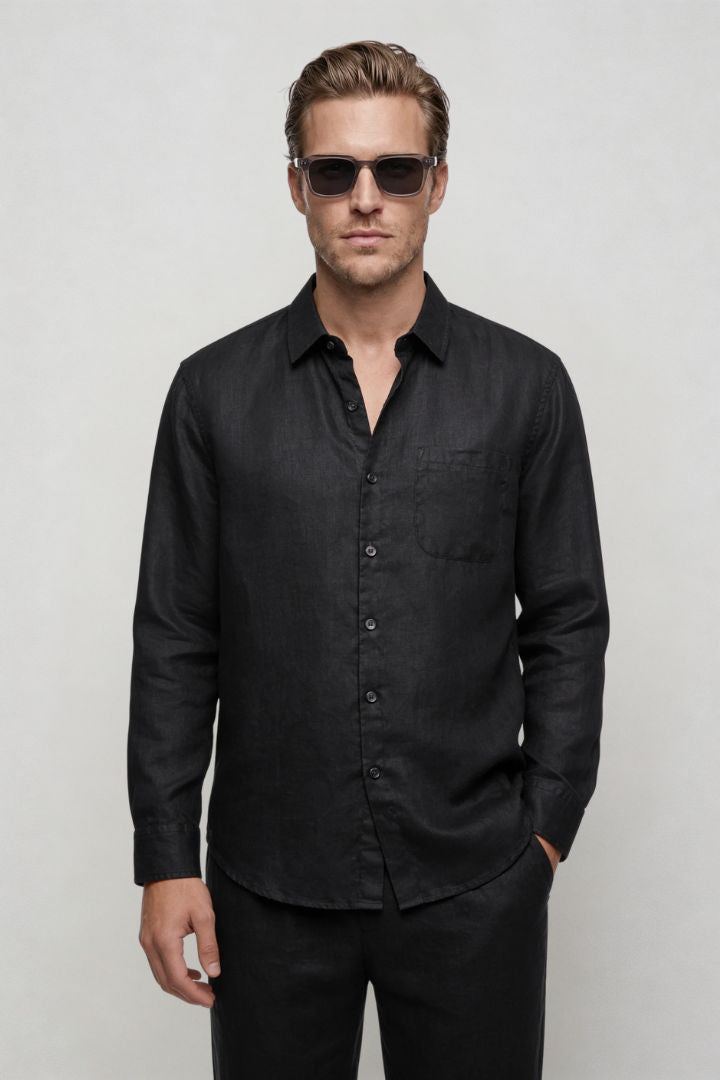 Men’s black linen resort set with relaxed linen shirt and drawstring pants lightweight summer outfit