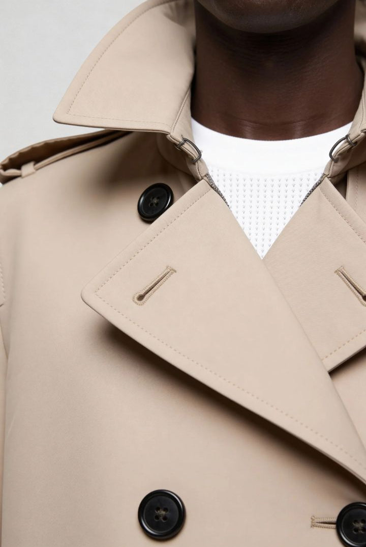 Man wearing a double-breasted beige trench coat with black buttons close-up shot