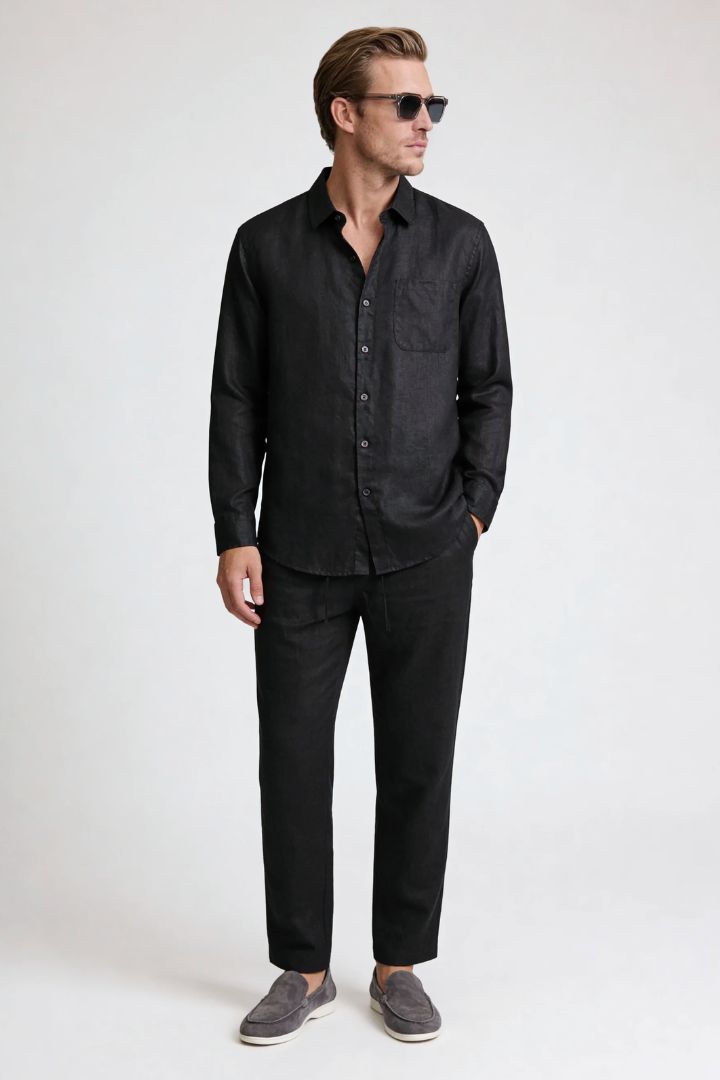 Men’s black linen resort set with relaxed linen shirt and drawstring pants lightweight summer outfit full outfit