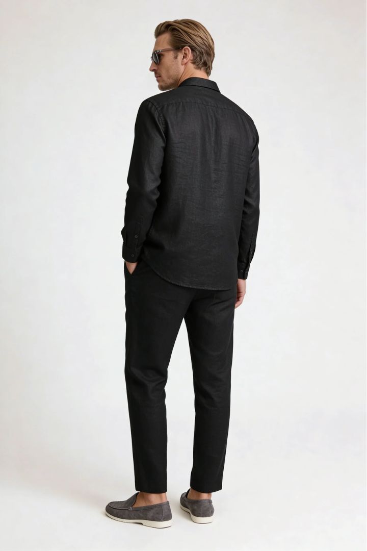 Men’s black linen resort set with relaxed linen shirt and drawstring pants lightweight summer outfit back view