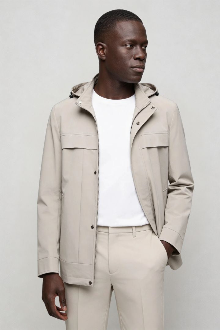 Men’s beige lightweight hooded polyester jacket spring fall outerwear front view