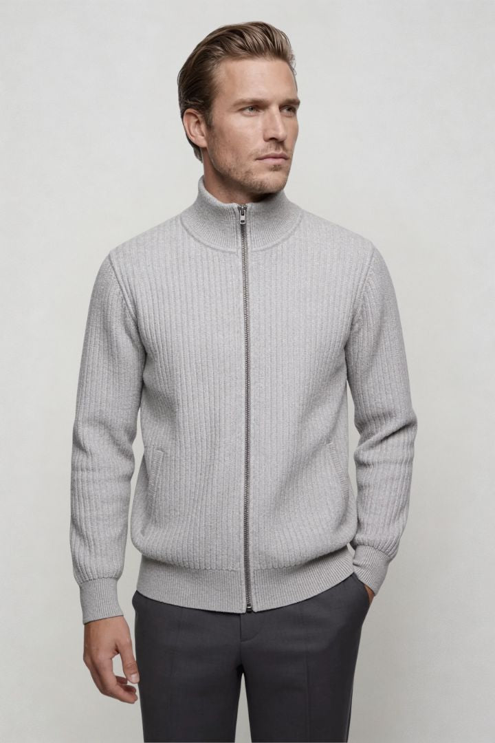 Valerio Ribbed Zip Knit Cardigan - Gray