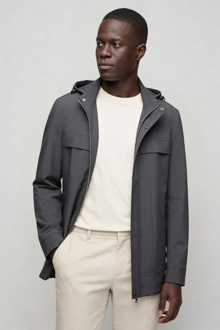 Men’s gray lightweight hooded polyester jacket spring fall outerwear front view