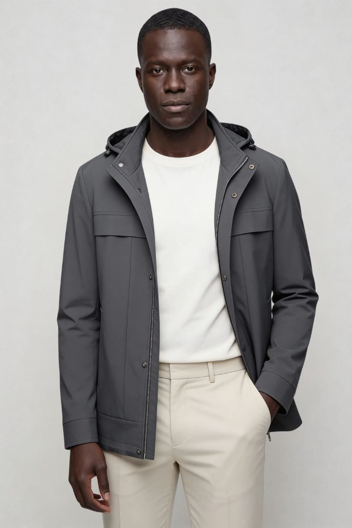 Men’s gray lightweight hooded polyester jacket spring fall outerwear