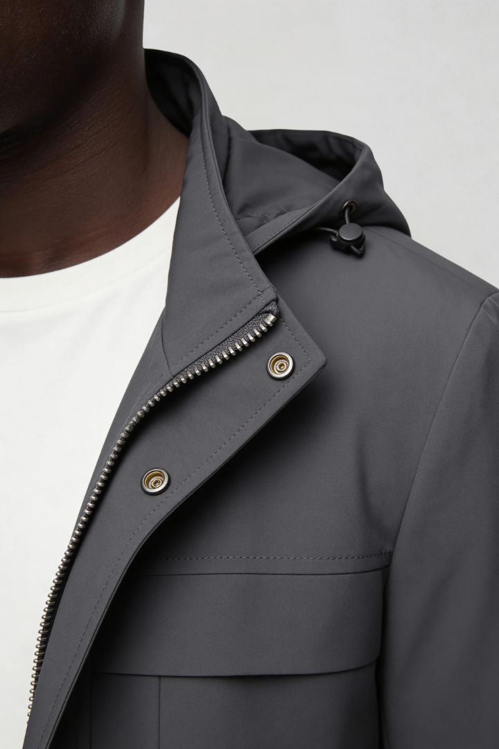 Men’s gray lightweight hooded polyester jacket spring fall outerwear close-up