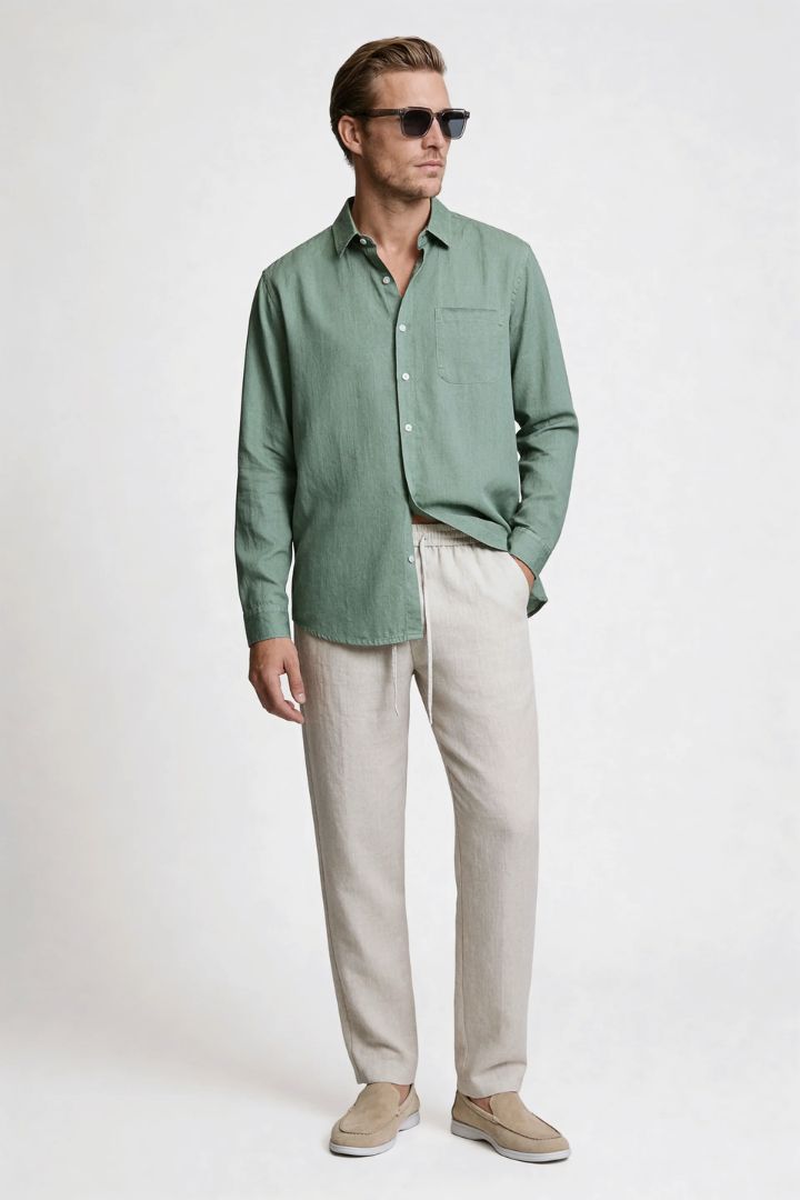 Men’s sage green linen resort set with relaxed linen shirt and drawstring pants lightweight summer outfit front view