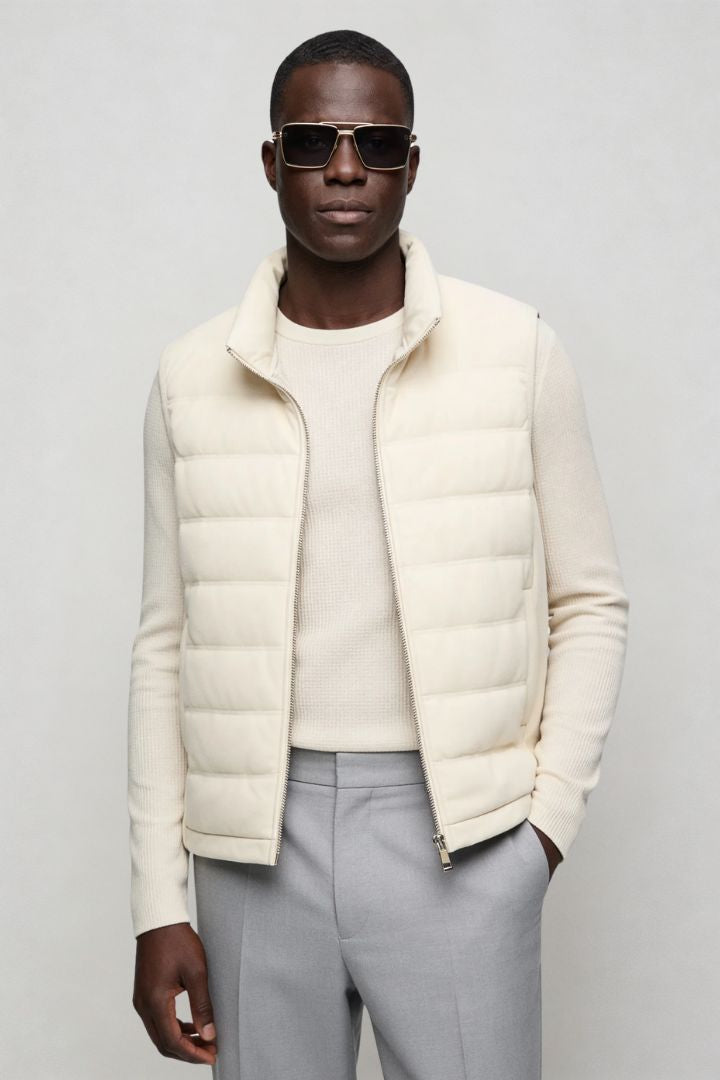 mens white down puffer vest lightweight insulated gilet front side