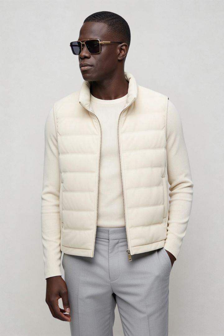 mens white down puffer vest lightweight insulated gilet front pose