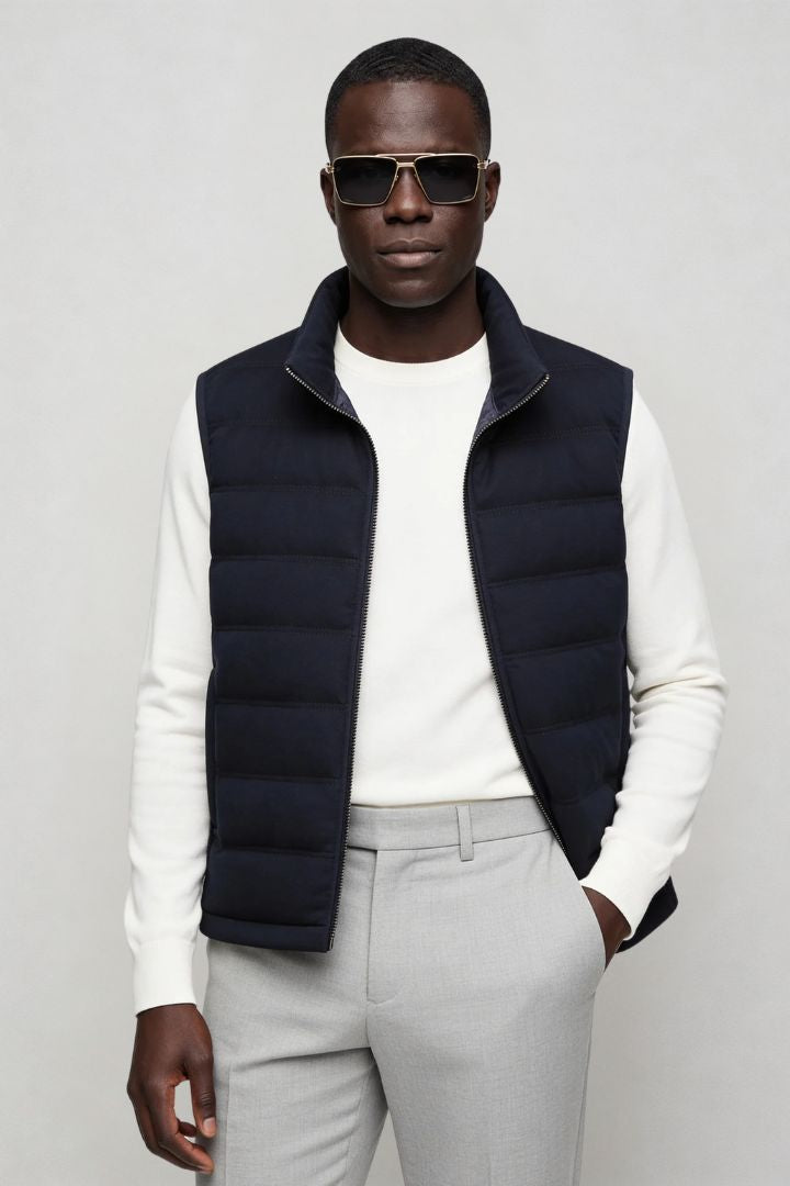 mens navy down puffer vest lightweight insulated gilet front side