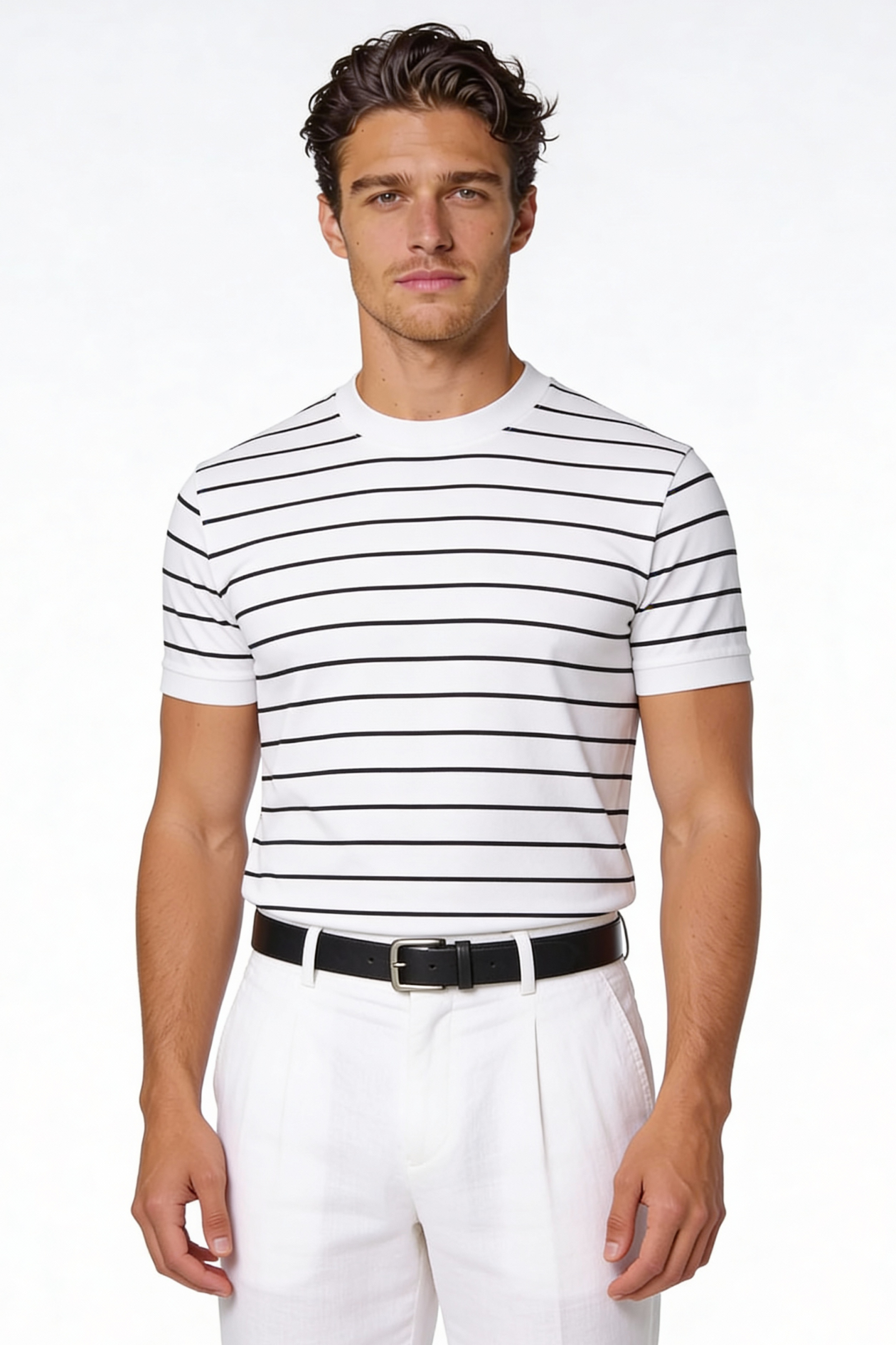 Man wearing the Blake Striped Lyocell T-Shirt with a clean striped design and lightweight fabric in a studio setting.