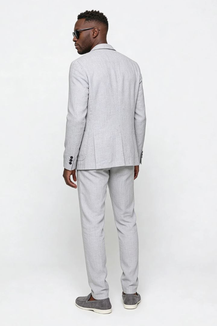 Edward linen tailored suit set for men with lightweight linen blazer and matching trousers in gray back view