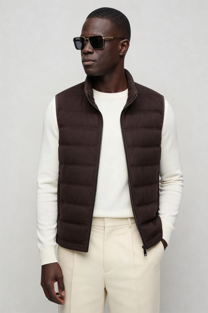 mens brown down puffer vest lightweight insulated gilet