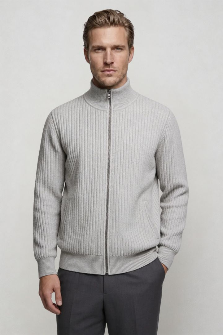 Valerio Ribbed Zip Knit Cardigan - Gray