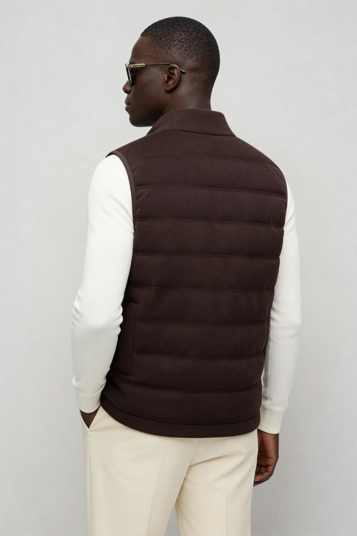 mens brown down puffer vest lightweight insulated gilet back side