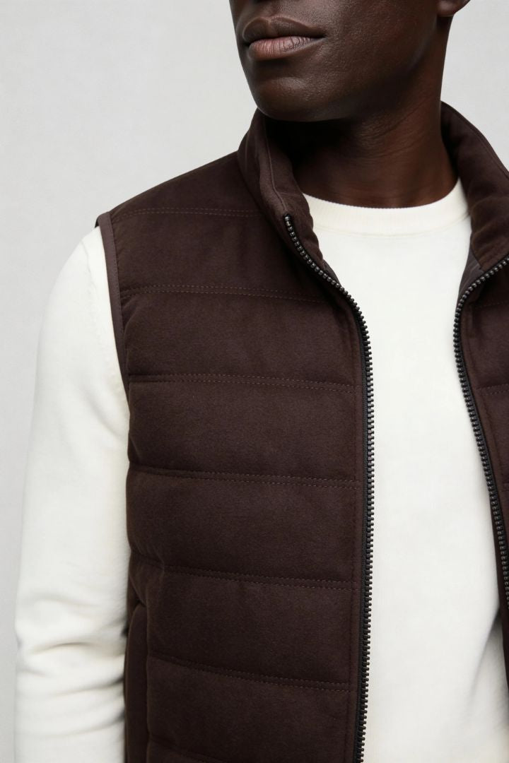 mens brown down puffer vest lightweight insulated gilet close-up