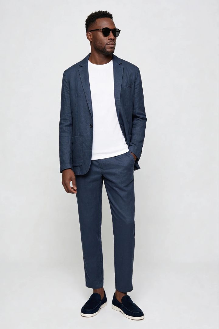 Edward linen tailored suit set for men with lightweight linen blazer and matching trousers in blue front view