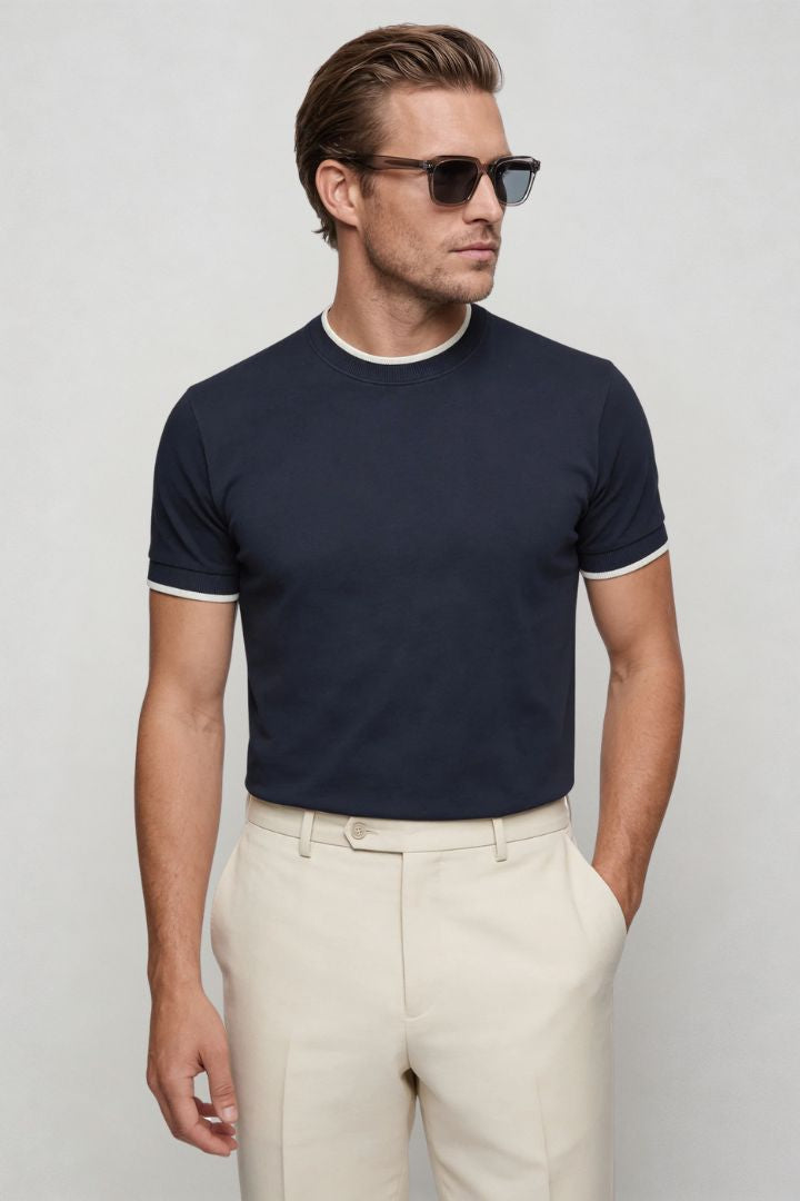 mens navy crew neck t-shirt lyocell cotton silk blend side pose