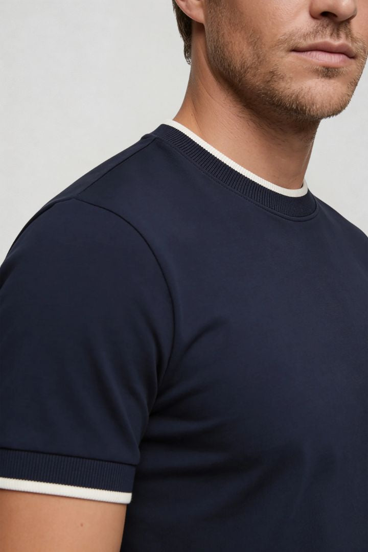 mens navy crew neck t-shirt lyocell cotton silk blend close-up