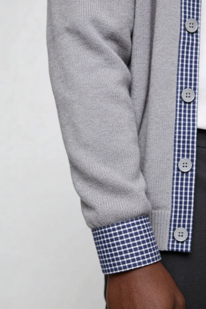 mens light gray knit button cardigan sweater casual layering close-up
