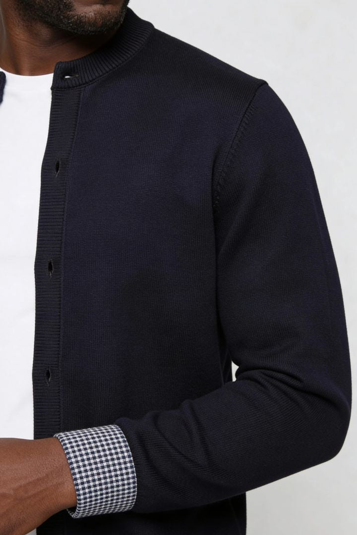 mens navy knit button cardigan sweater lightweight close-up