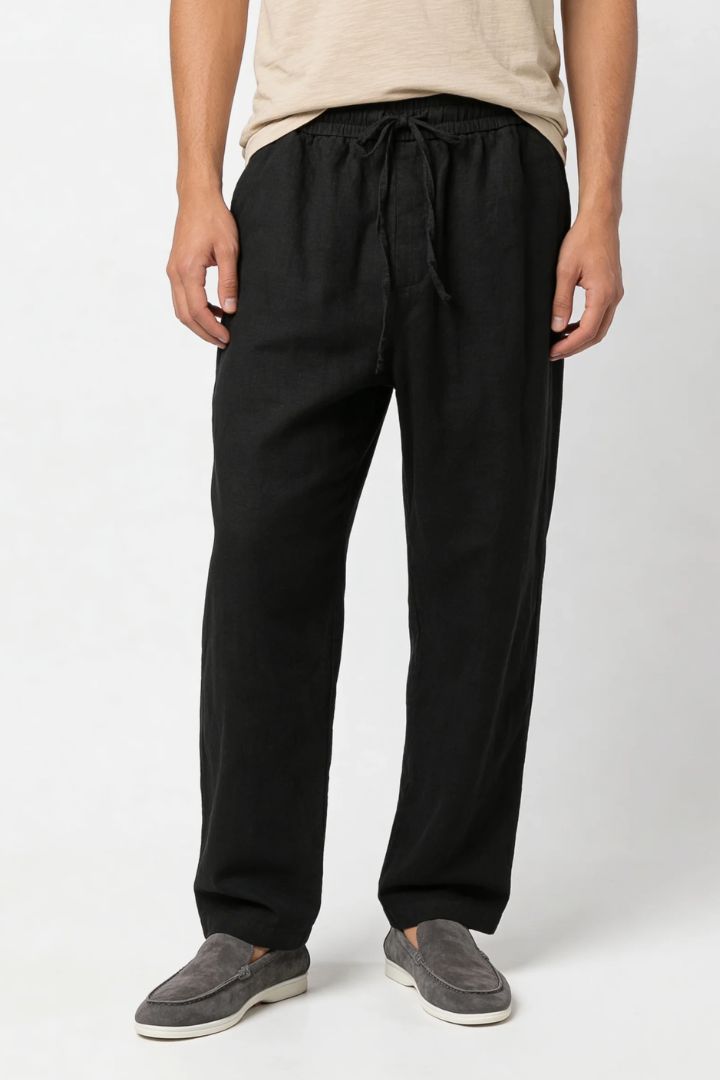 Men wearing black linen drawstring trousers relaxed straight fit lightweight summer linen pants