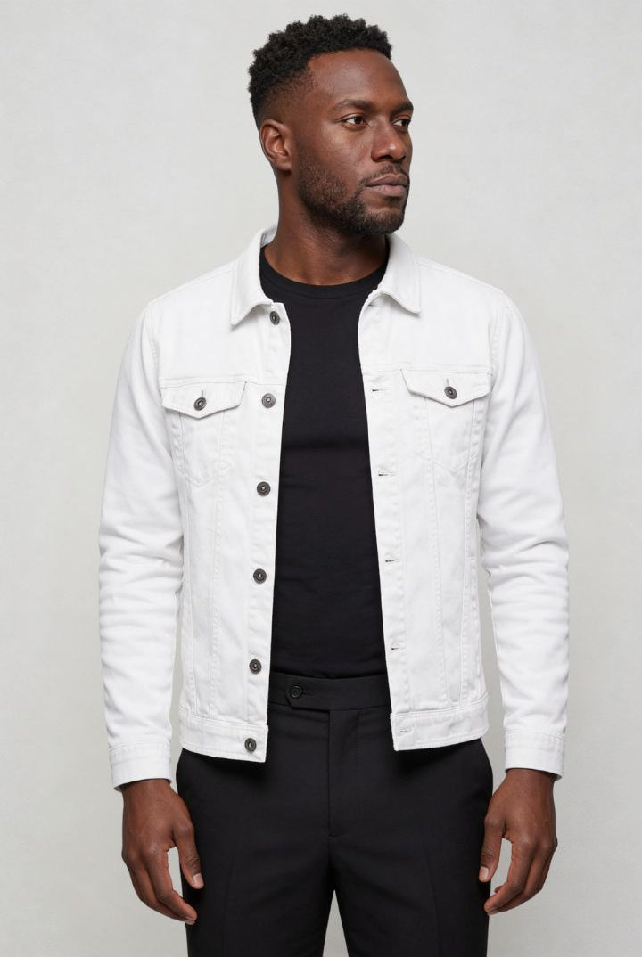mens white denim jacket slim fit cotton trucker style side pose