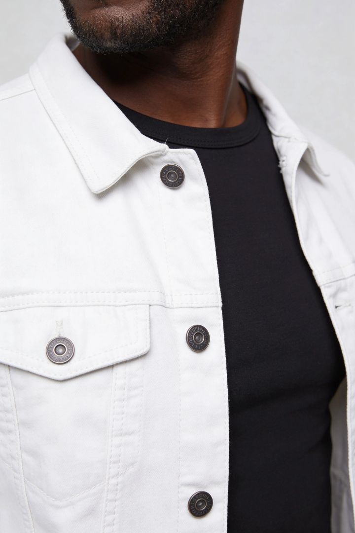 mens white denim jacket slim fit cotton trucker style close-up
