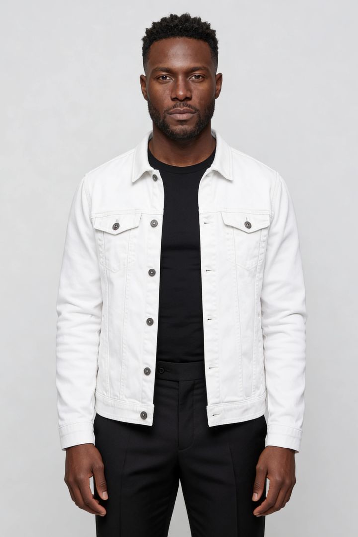 mens white denim jacket slim fit cotton trucker style front side