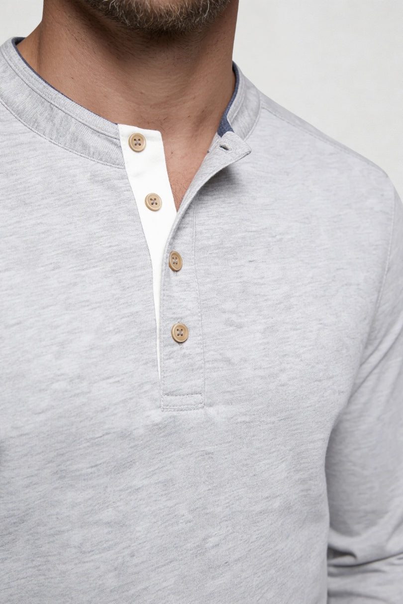 Men’s Soft Gray cotton henley long sleeve shirt slim fit breathable casual layering lightweight top close-up