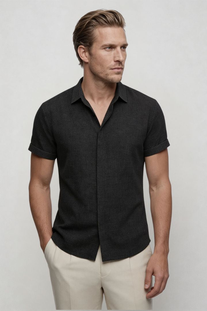 Men’s linen blend short sleeve Riviera shirt designed for breathable summer comfort in black front view