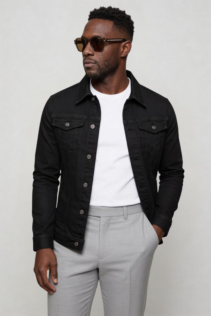 mens black denim jacket slim fit cotton trucker style side pose